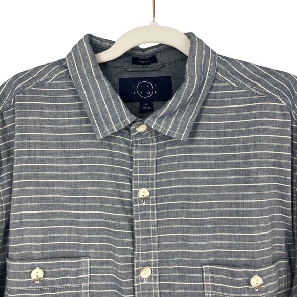 Even Tide Shirt Mens XL Chambray Blue Stripe Button Front Cotton Long Sleeve - Picture 1 of 9